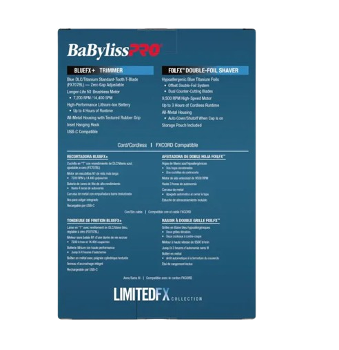 BaBylissPro product packaging with feature list on a blue background