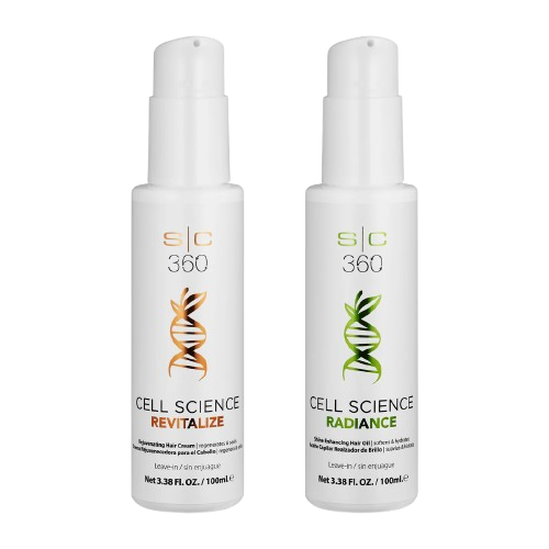 Two bottles of S|C360 Cell Science Revitalize and Radiance on a white background