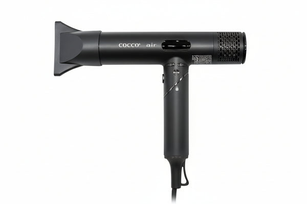 Black hair dryer with 'COCCO air' branding on a white background