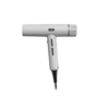White hair dryer with a black nozzle on a white background