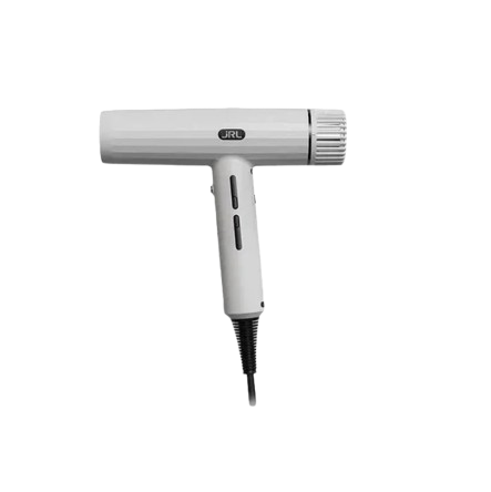 White hair dryer with a black nozzle on a white background