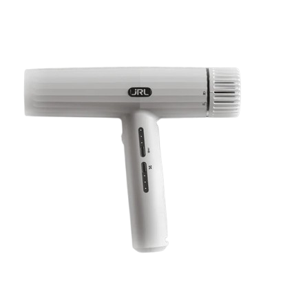 White hair dryer with visible brand logo on a white background