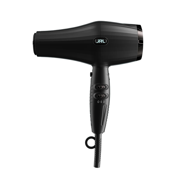 Black hair dryer with JRL branding on a white background