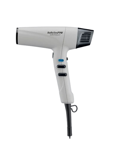 Gray hair dryer with black accents on a white background