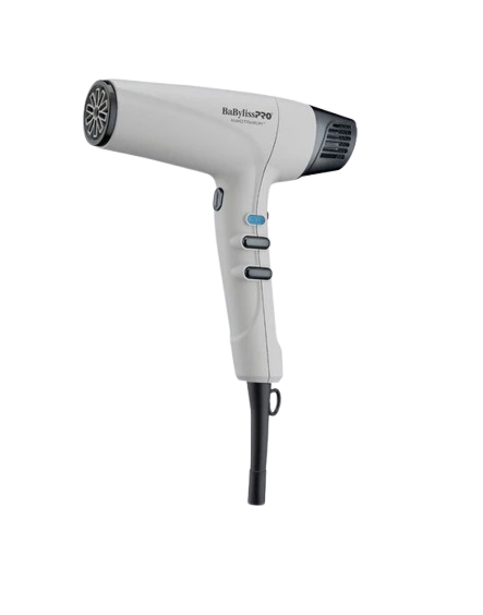 Gray BaBylissPRO hair dryer with black accents on a white background
