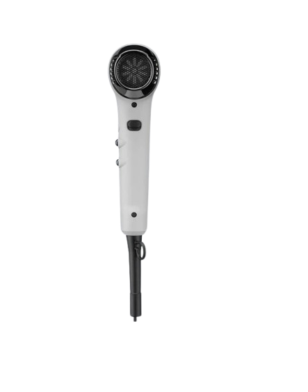 Gray hair dryer with black nozzle on a white background