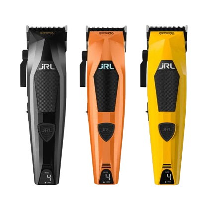 Three hair trimmers in black, orange, and yellow with 'JRL' branding on a white background.