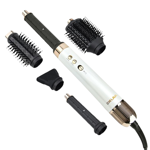 Hair styling tool with attachments on a white background