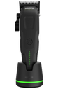 Black hair trimmer with green accents on a white background