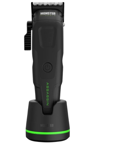 Black hair trimmer with green accents on a white background