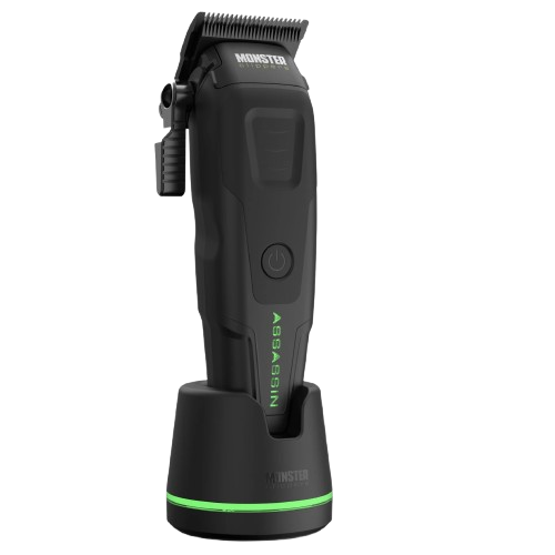 Black grooming clipper with green accents on a white background
