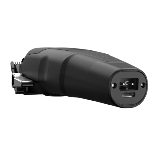 Black electronic device with ports on a white background