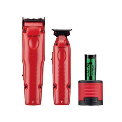 Red BaBylissPRO grooming tool set with attachments on a white background