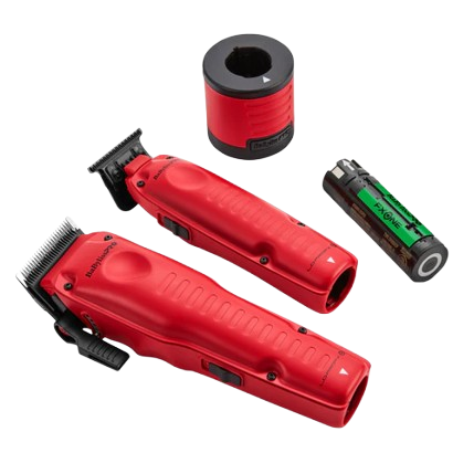 Red grooming tool set with attachments on a white background