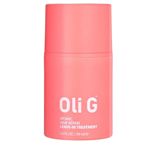 Coral bottle of Oli G Atomic Hair Repair Leave-In Treatment on a white background