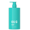 Turquoise shampoo bottle with pump labeled 'Oli G' on a white background