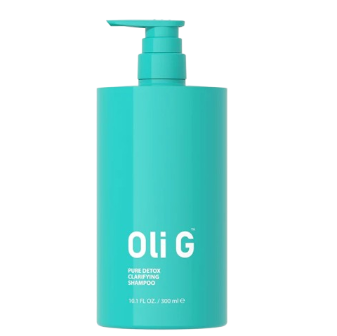 Turquoise shampoo bottle with pump labeled 'Oli G' on a white background