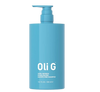Blue shampoo bottle with pump labeled 'Oli G' on a white background