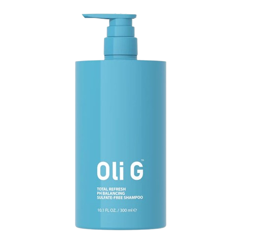 Blue shampoo bottle with pump labeled 'Oli G' on a white background