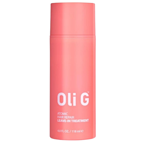 Pink bottle of Oli G Atomic Hair Repair Leave-In Treatment on a white background