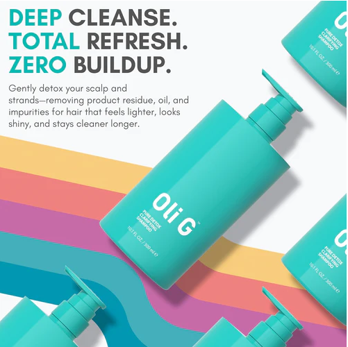 Teal bottle with 'Oli G' branding on a colorful background with text about hair care.