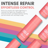 Oli G hair care product packaging with colorful background and text about intense repair and effortless control.