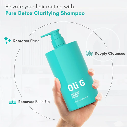 Oli G Pure Detox Clarifying Shampoo bottle held in a hand with product benefits text on a white background