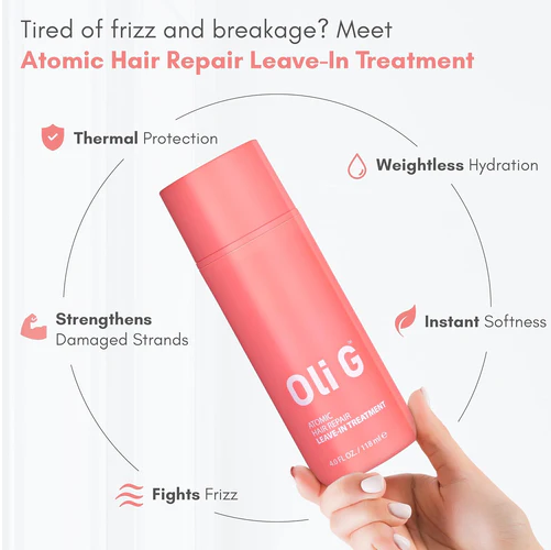Oli G hair repair leave-in treatment with hand holding the product against a white background