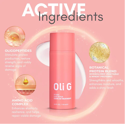Oli G hair treatment bottle with 'Active Ingredients' text on a pink background