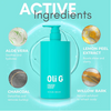 Teal product packaging with 'Oli G' branding and active ingredients listed on a light blue background.