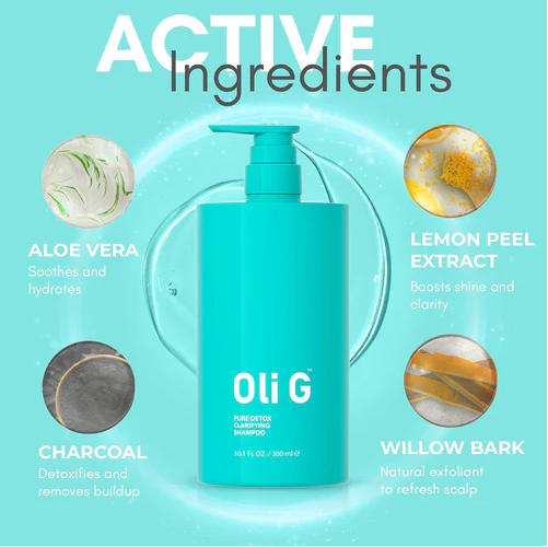 Teal product packaging with 'Oli G' branding and active ingredients listed on a light blue background.