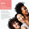 Advertisement for Oli G Atomic Hair Repair Leave-In Treatment featuring two women with curly hair.