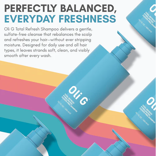 Oli G Total Refresh Shampoo bottle with product description on a colorful background