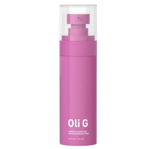 Pink spray bottle with 'Oli G' branding on a white background
