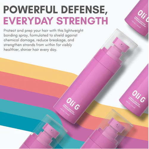 OliG hair care products with colorful background and text about hair protection.