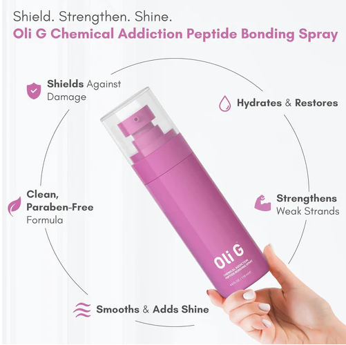 Oli G Chemical Addiction Peptide Bonding Spray with product features on a white background