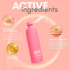 Pink bottle with 'Oli G' branding on a pink background with text about active ingredients.