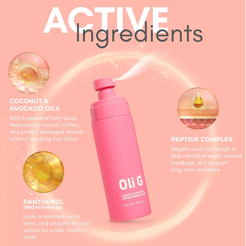 Pink bottle with 'Oli G' branding on a pink background with text about active ingredients.