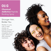 Advertisement for Oli G Chemical Addition Peptide Bonding Spray featuring three people with styled hair.