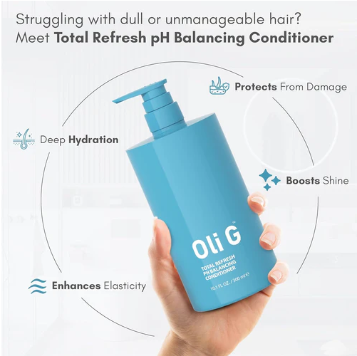 Blue bottle of OliG conditioner held by a hand with promotional text on a white background
