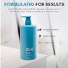 Blue bottle of Oli G hair product on a white background with text about product features.