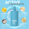 Oli G conditioner bottle with active ingredients on a blue background