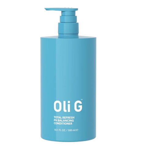 Blue bottle of Oli G Total Refresh pH Balancing Conditioner on a white background