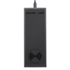 Black rectangular electronic device with wireless charging symbol on a white background