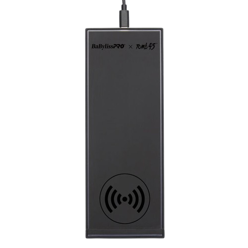 Black rectangular electronic device with wireless charging symbol on a white background