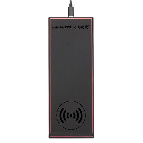 Rectangular black electronic device with a brand logo on a white background