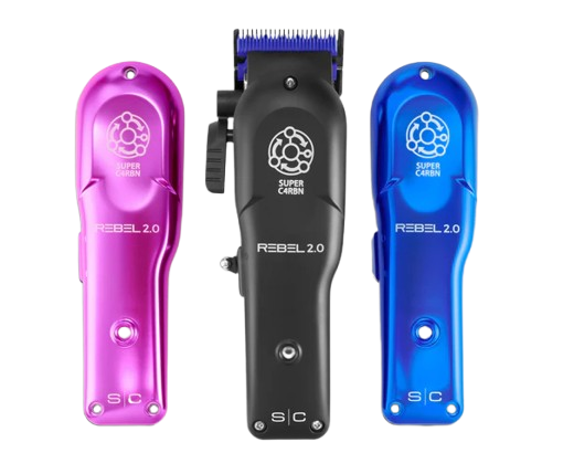 Three hair clippers in purple, black, and blue on a white background