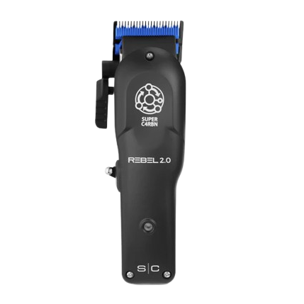Black hair clipper with blue accents on a white background