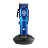 Blue hair clipper with black base on a white background