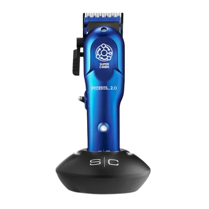 Blue hair clipper with black base on a white background
